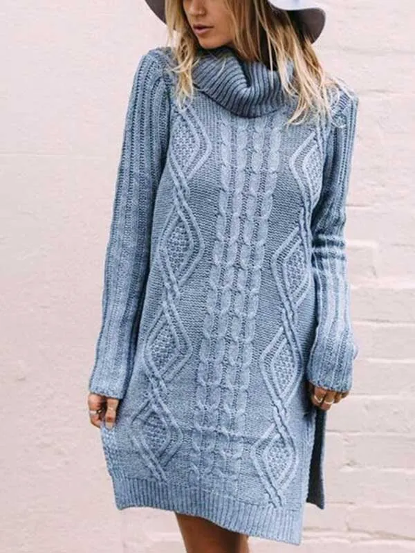 Long Sleeve Cable Knit Turtleneck Sweater Dress