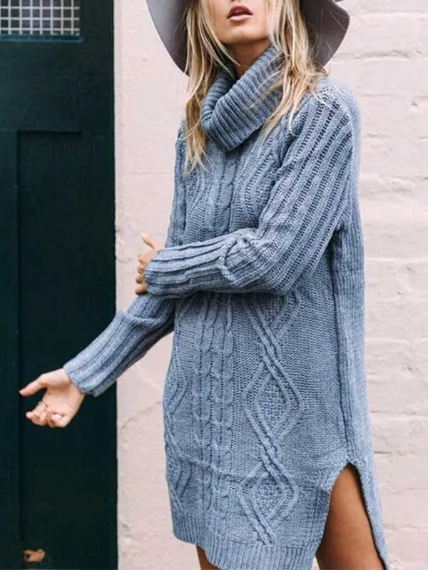 Long Sleeve Cable Knit Turtleneck Sweater Dress