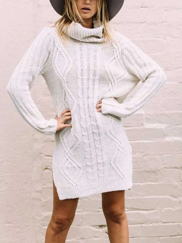 Long Sleeve Cable Knit Turtleneck Sweater Dress