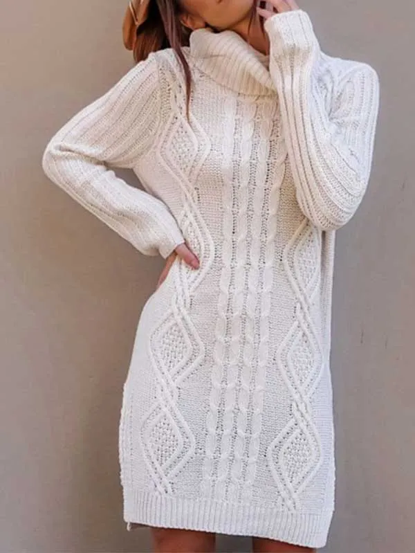 Long Sleeve Cable Knit Turtleneck Sweater Dress