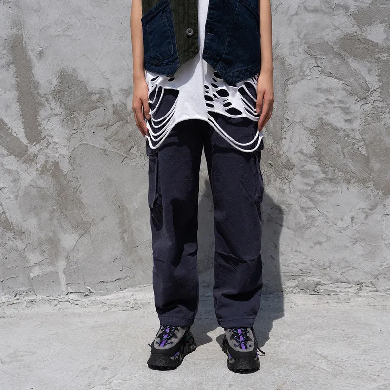 Man Fall Outfits Cargo Pants Overalls Men's Large Pocket Straight-Leg Pants Loose Casual Closing Wide Leg Pants