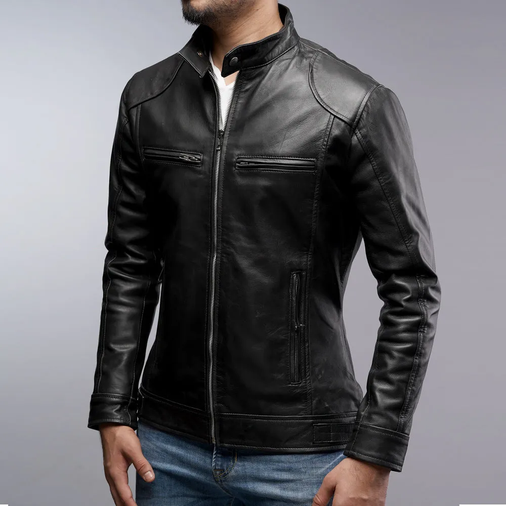 Men Cafe Racer Black Motorcycle Zipper Slim Fit Leather Jacket