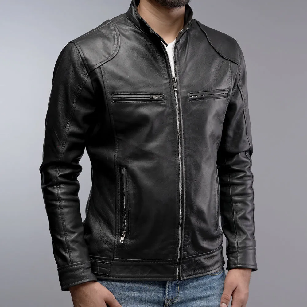 Men Cafe Racer Black Motorcycle Zipper Slim Fit Leather Jacket