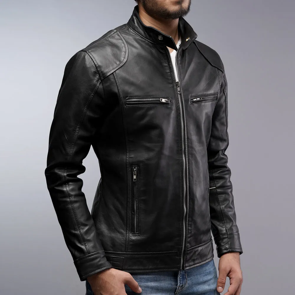 Men Cafe Racer Black Motorcycle Zipper Slim Fit Leather Jacket