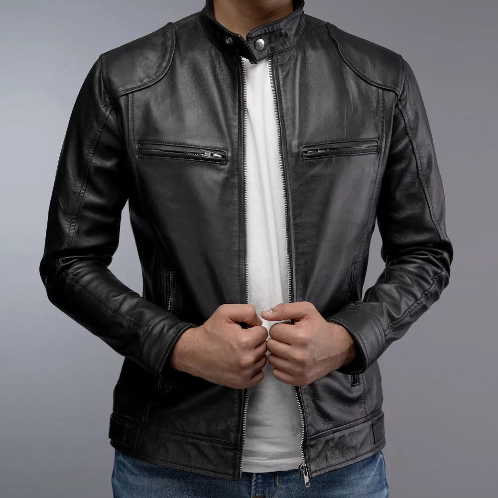 Men Cafe Racer Black Motorcycle Zipper Slim Fit Leather Jacket