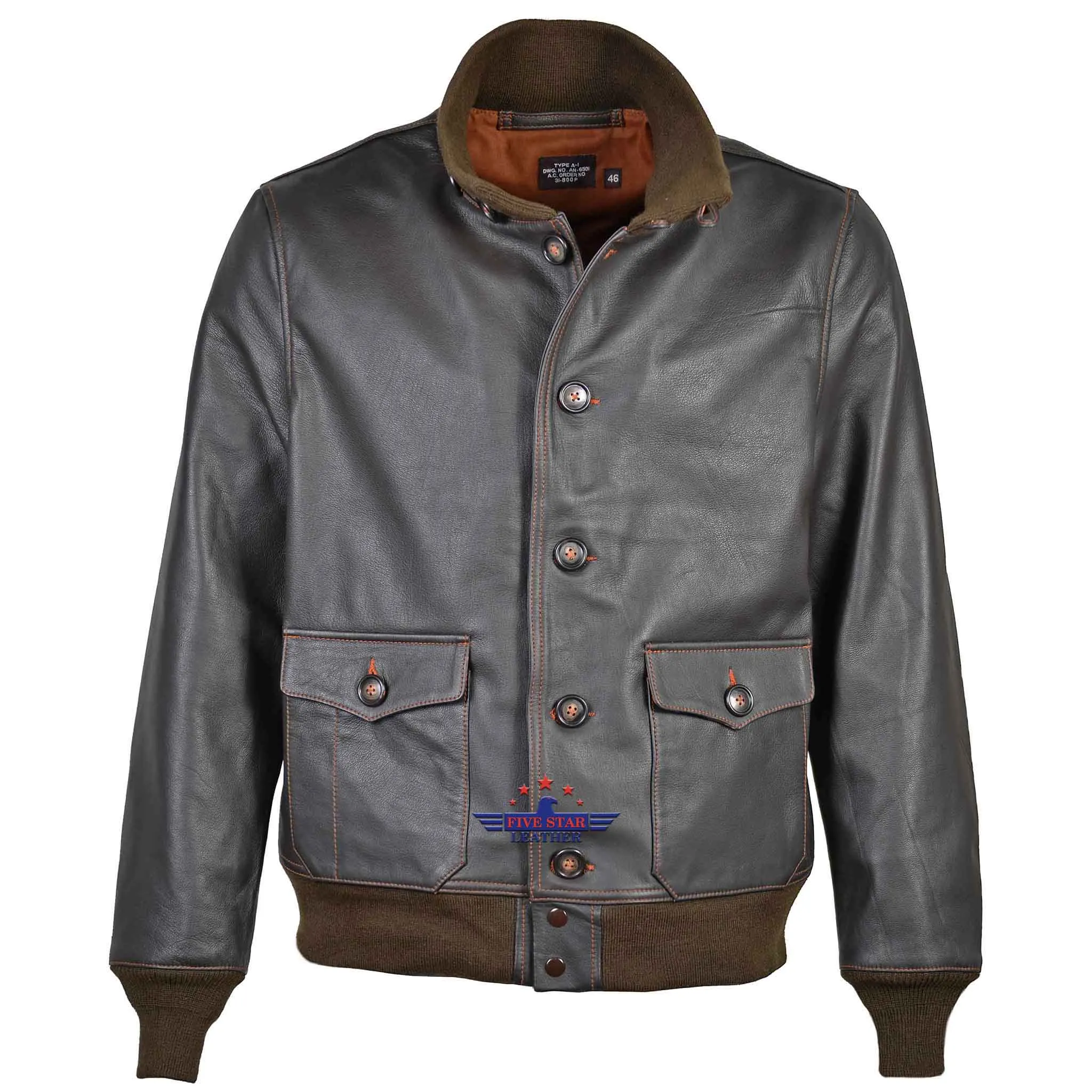 Men Flight A-1 Repro Goatskin Leather Jacket Military Aviation Bomber Seal Brown