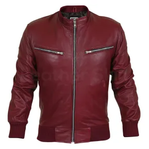 Men Maroon Red Genuine Leather Jacket with Elastic Bottom
