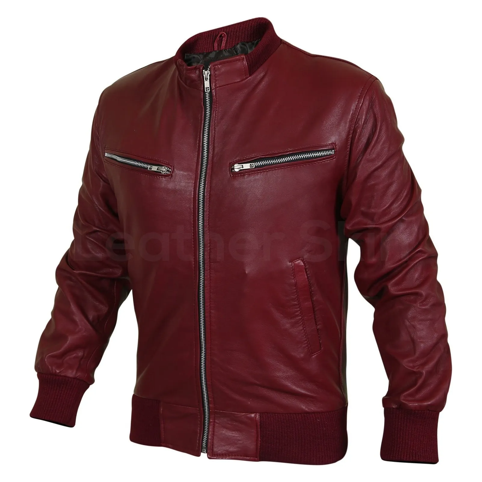 Men Maroon Red Genuine Leather Jacket with Elastic Bottom