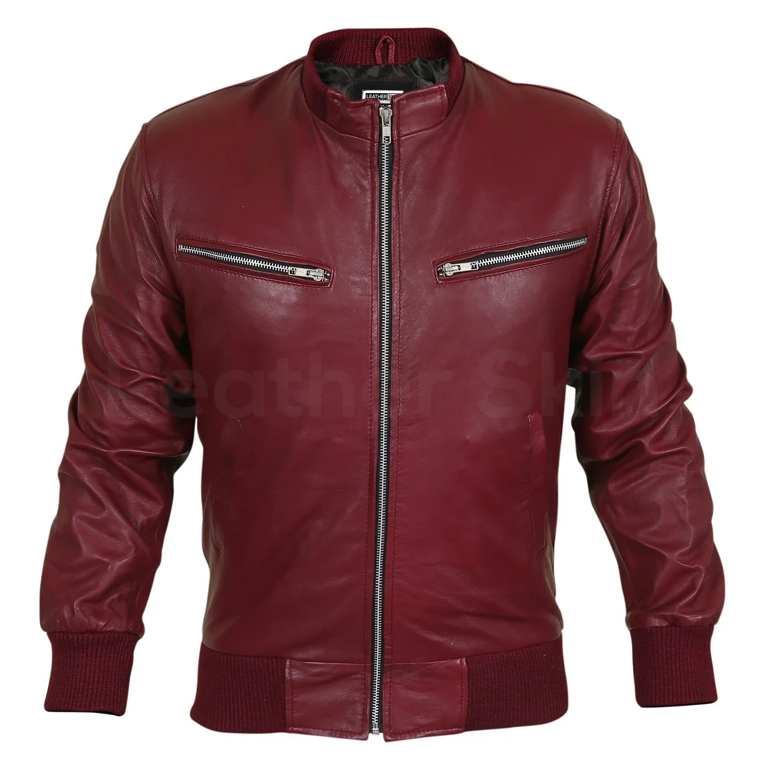 Men Maroon Red Genuine Leather Jacket with Elastic Bottom