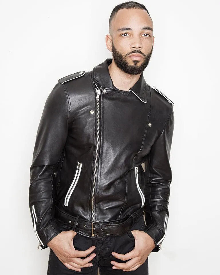 Men's Black and White Real Leather Jacket