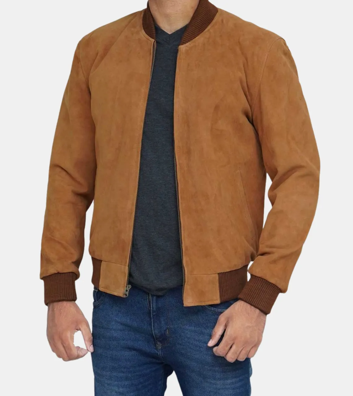 Men's Brown Suede Bomber Leather Jacket