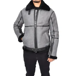 Men's Classic Aviator Real Sheepskin Jacket Flying Squad Grey Black Ragnar