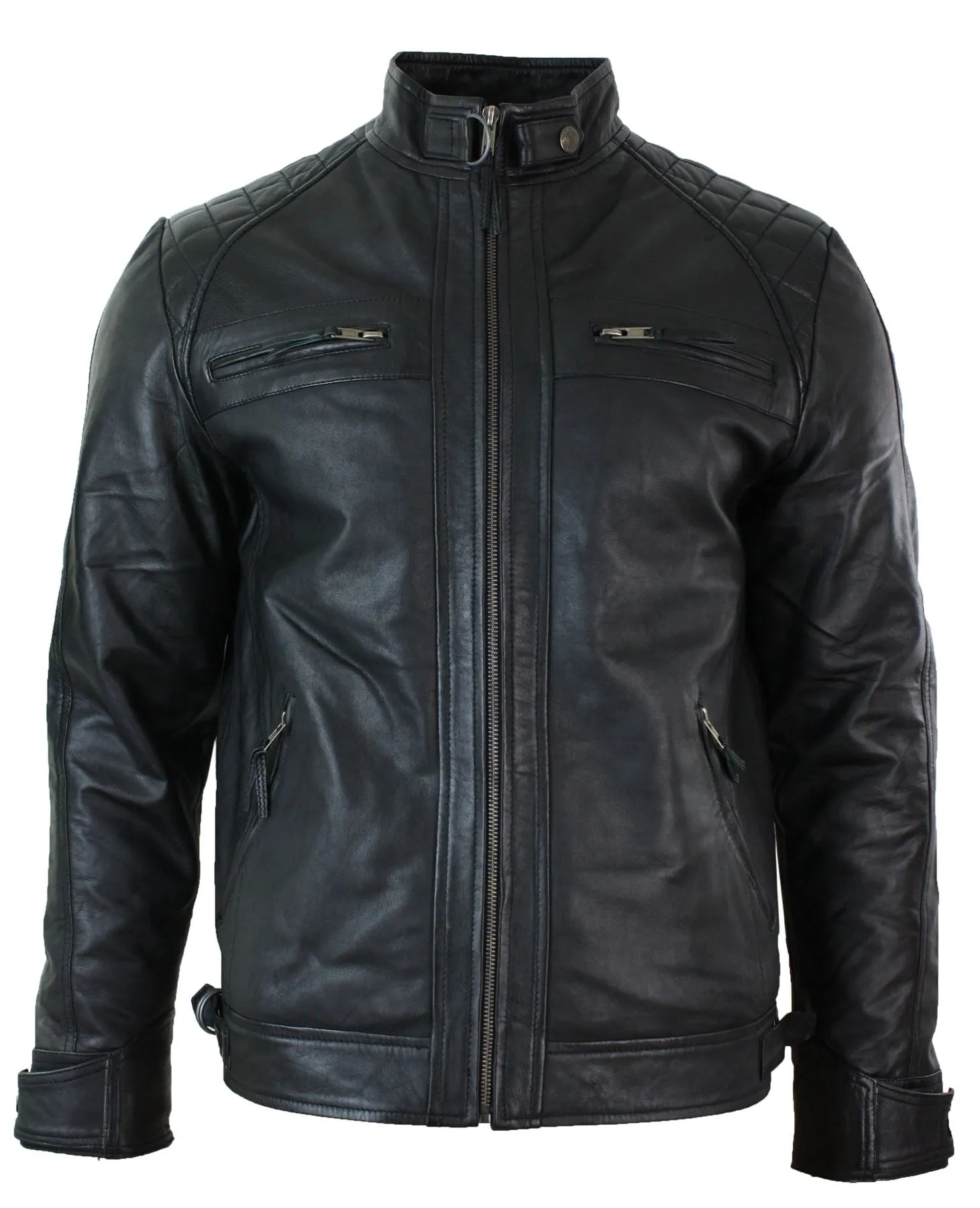 Mens Fitted Black Real Leather Biker Jacket Zipped Vintage Smart Casual Coat