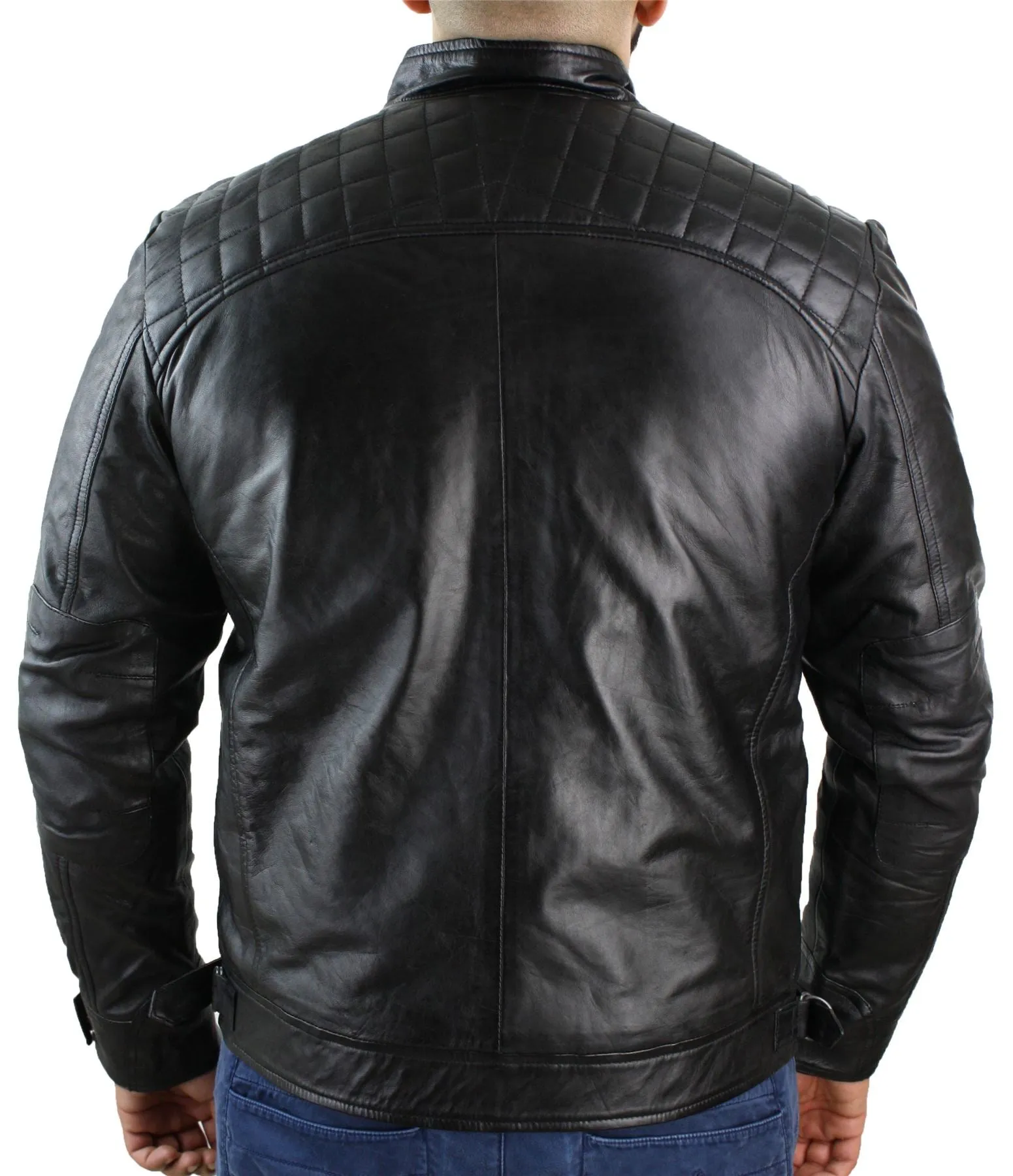 Mens Fitted Black Real Leather Biker Jacket Zipped Vintage Smart Casual Coat