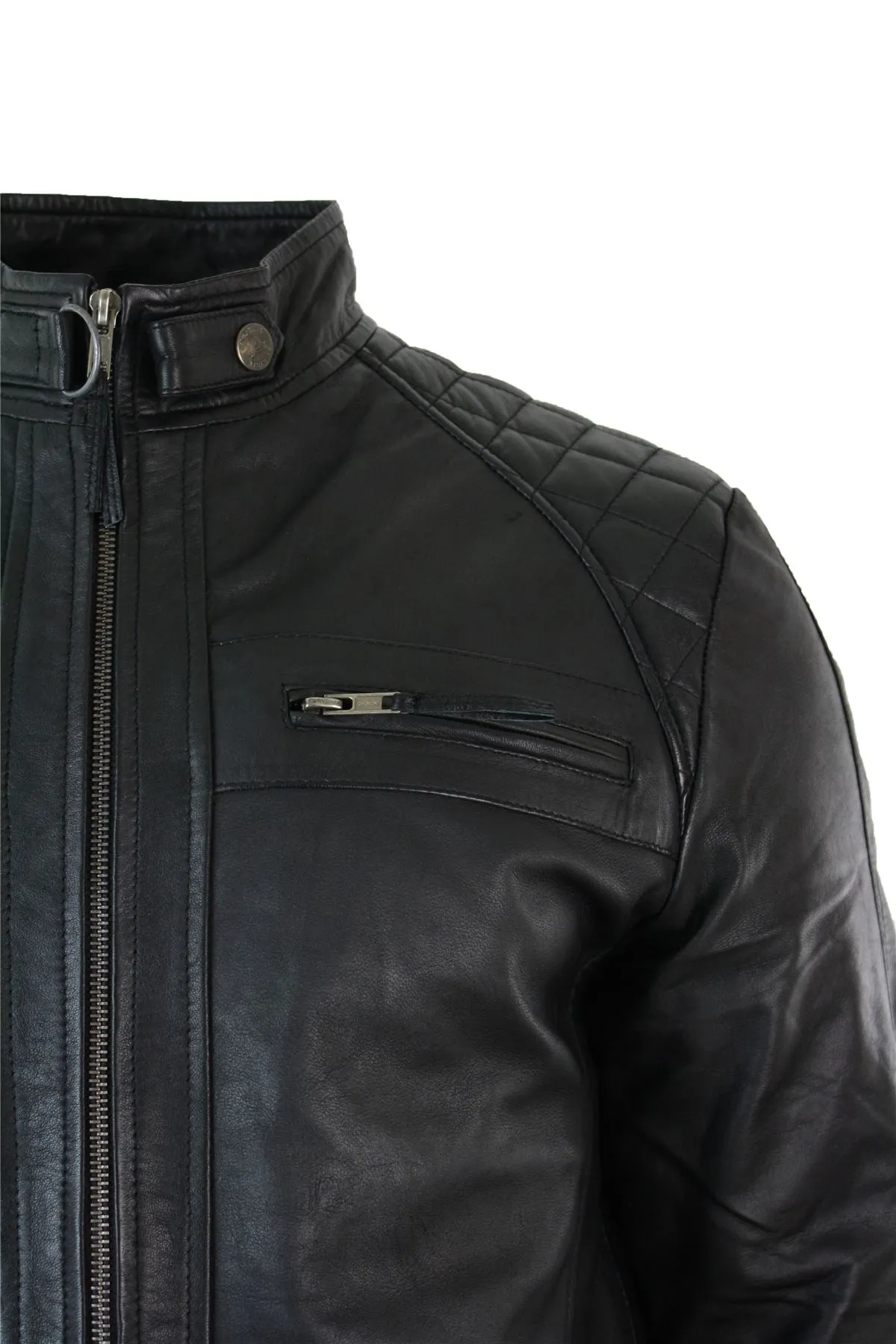 Mens Fitted Black Real Leather Biker Jacket Zipped Vintage Smart Casual Coat