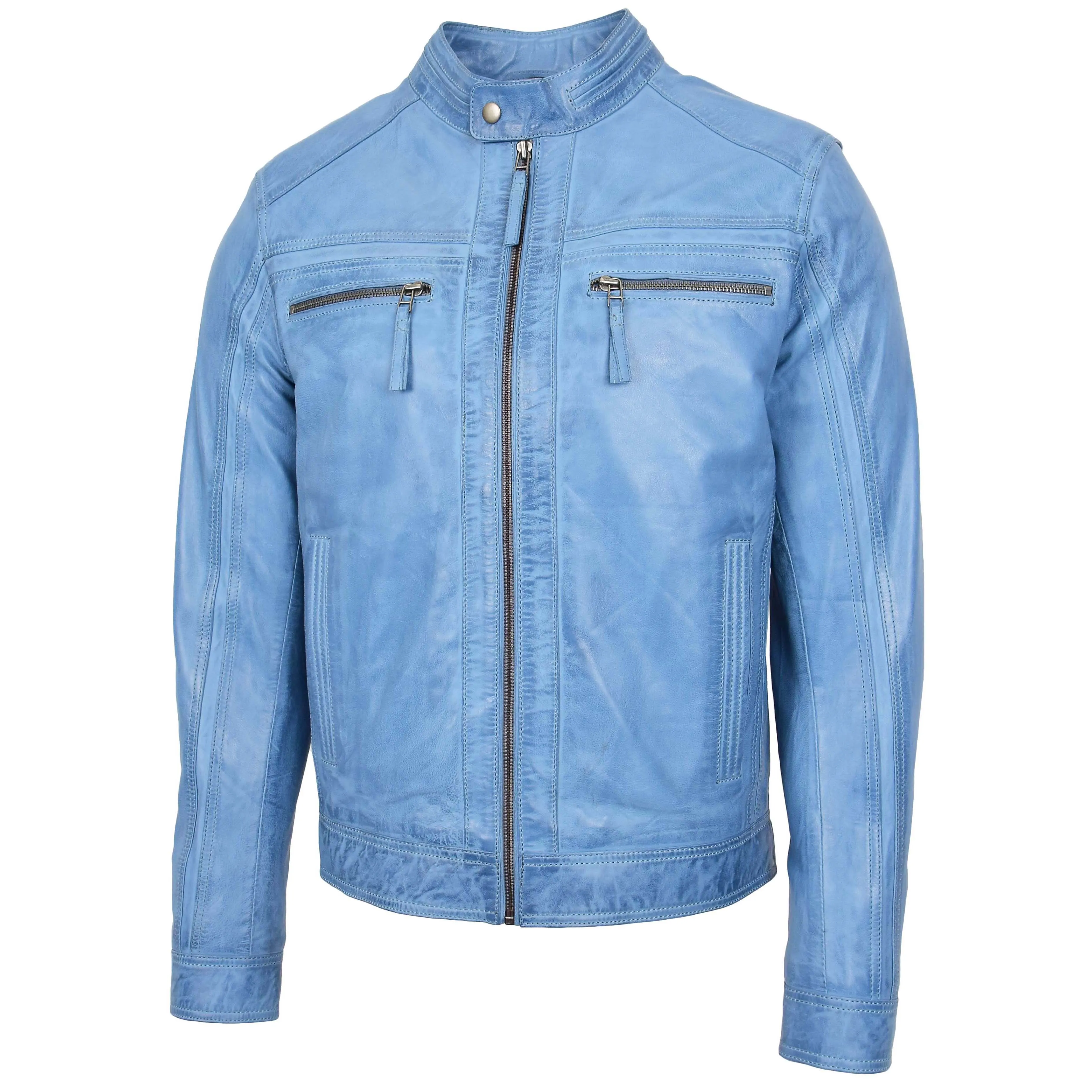 Mens Leather Cafe Racer Biker Jacket Charlie Sky Blue