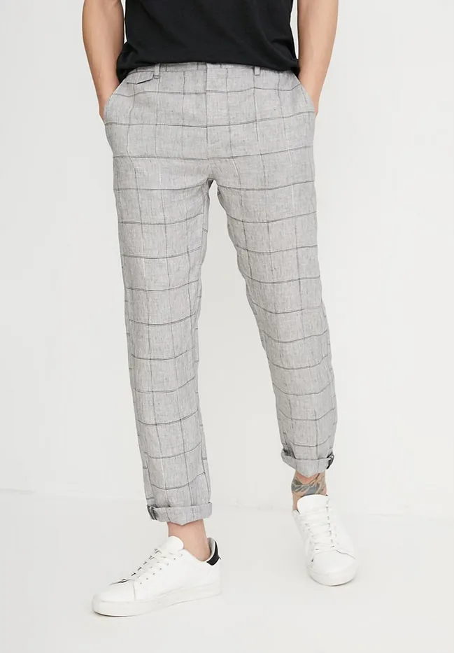 Men's Linen Plaid Slim Fit Casual Pants
