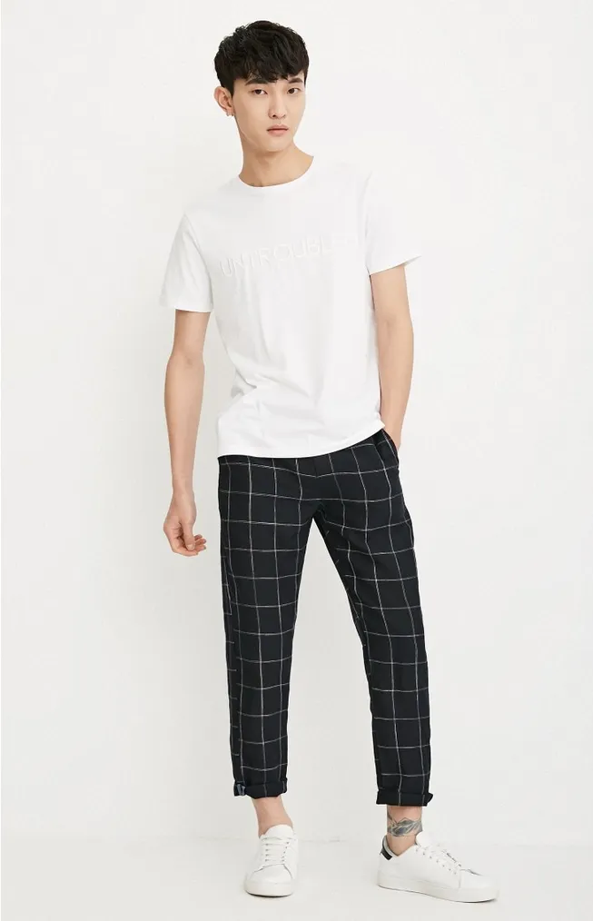 Men's Linen Plaid Slim Fit Casual Pants