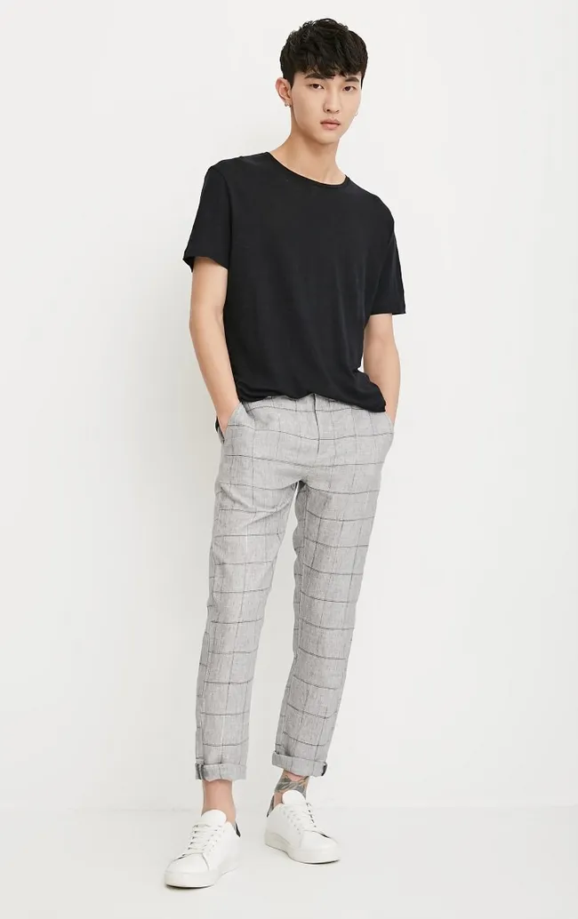 Men's Linen Plaid Slim Fit Casual Pants