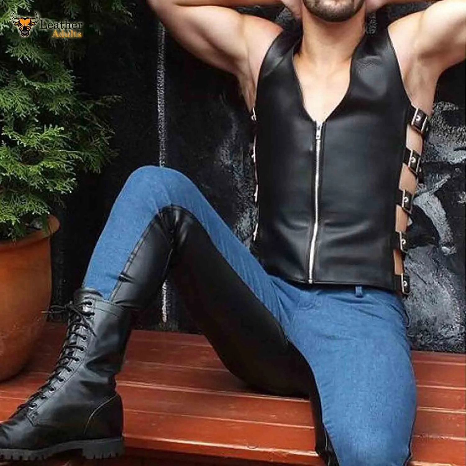 Mens Real Leather Vest Biker BLUF Vest Leather vest Fetish Corset Gay waistcoat