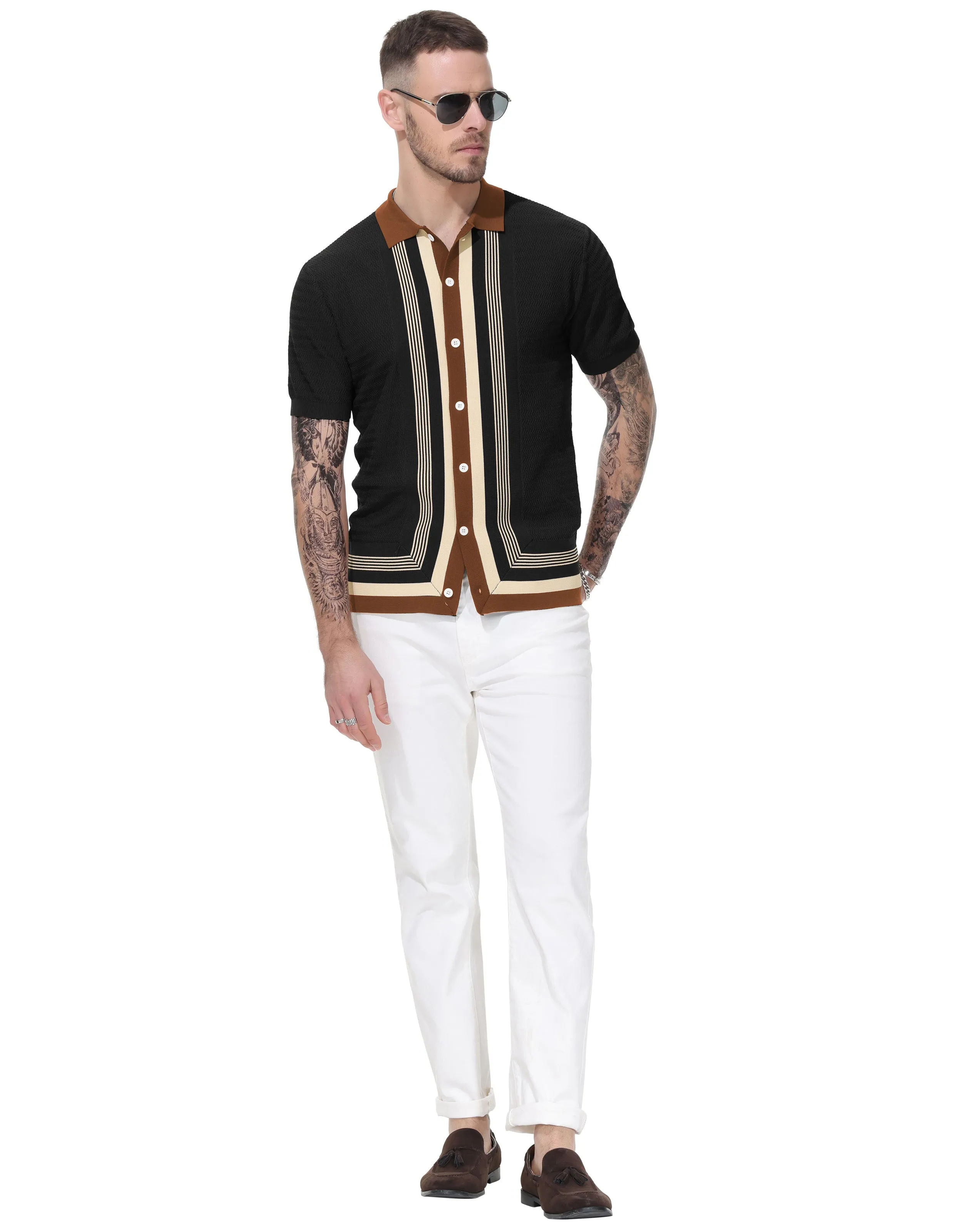 Men's Vintage Stripe Knit Polo Shirts Short Sleeve Stylish Button Down Cardigan Sweater