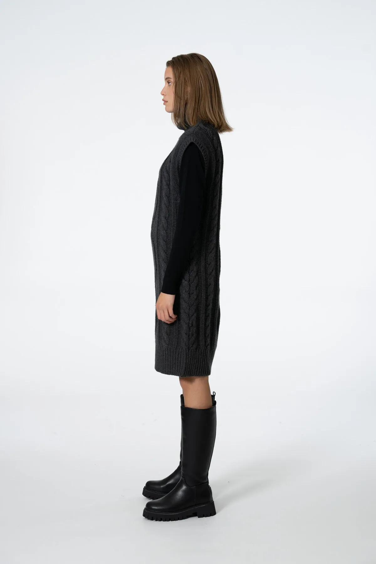 Merino Cable Dress in Charcoal Grey