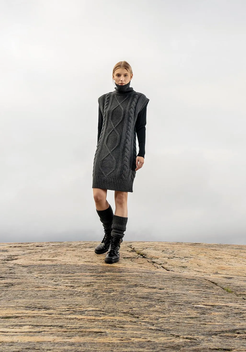 Merino Cable Dress in Charcoal Grey