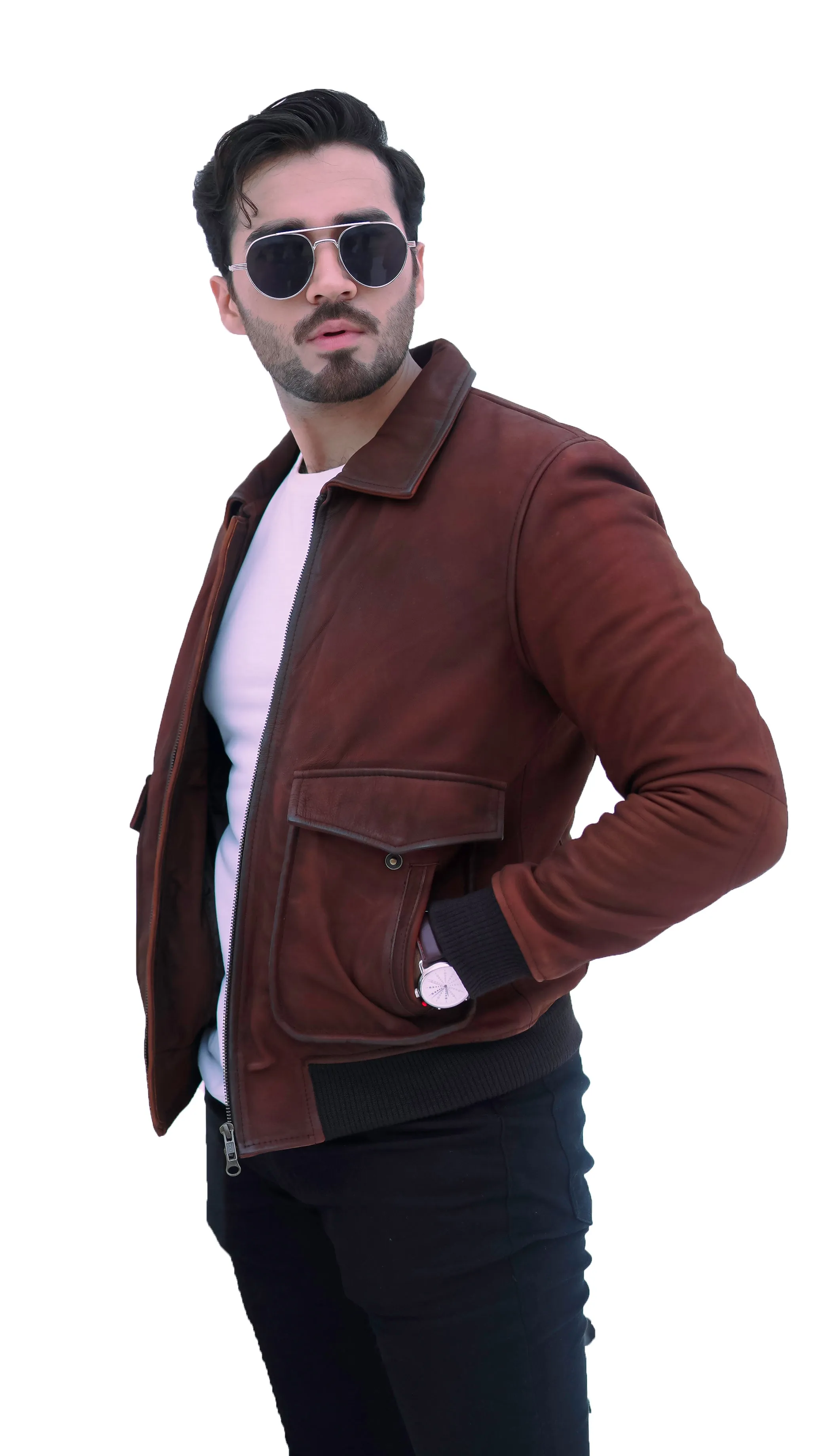 NEW AVIATOR BOMBER PILOT BROWN REAL LEATHER JACKET