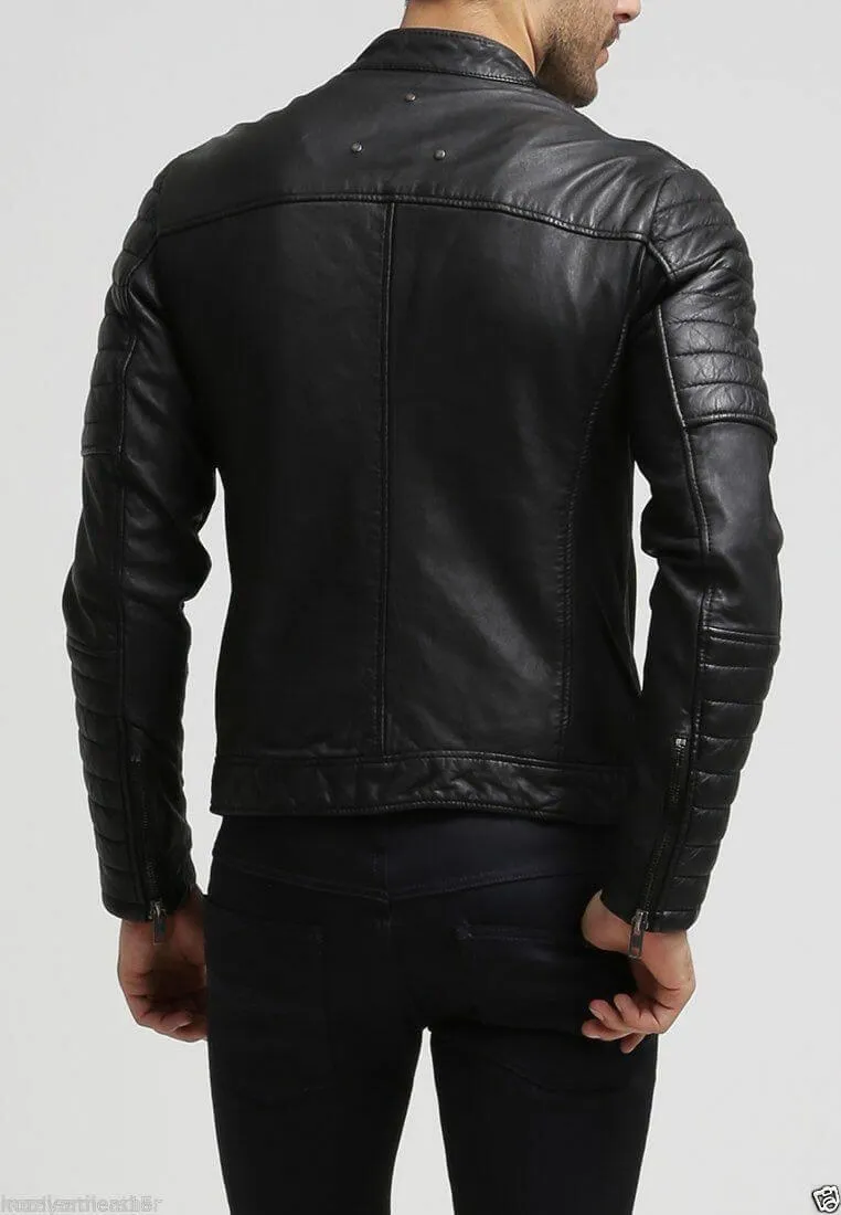 New Men’s Stylish Slim Fit Black Genuine Lambskin Real Leather Biker Jacket