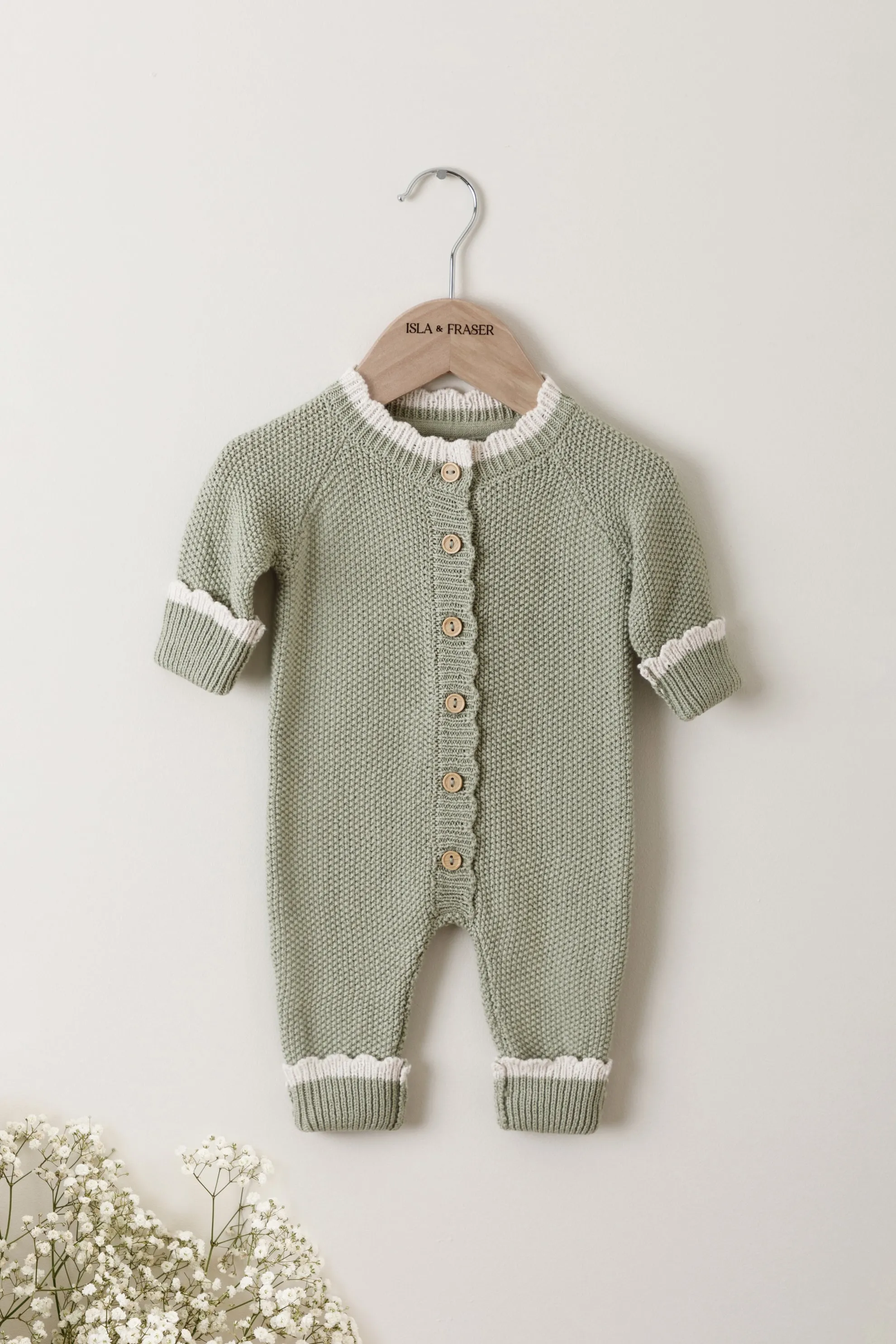 Organic Cotton Moss Stitch Tipped Baby Romper - Sage
