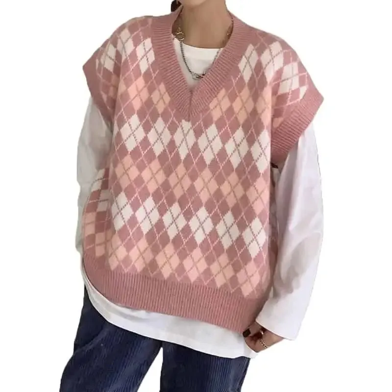 Pink Argyle Pattern Oversize Knitted Vest