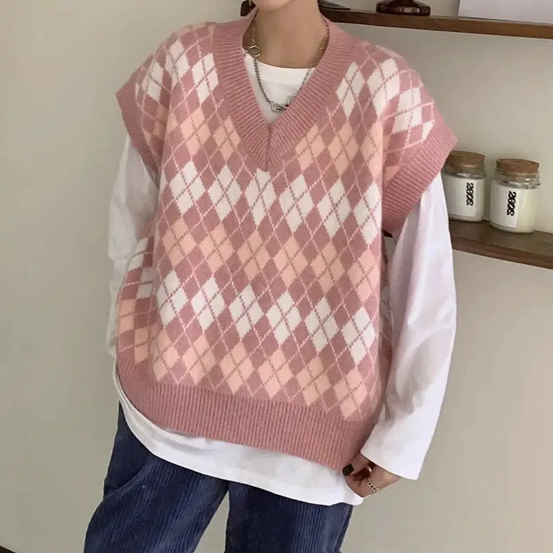 Pink Argyle Pattern Oversize Knitted Vest