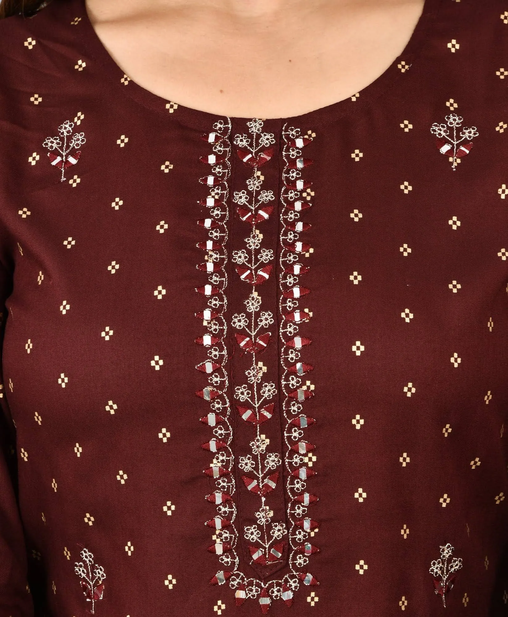Rayon Maroon Gold Print & Embroidered Sharara Set