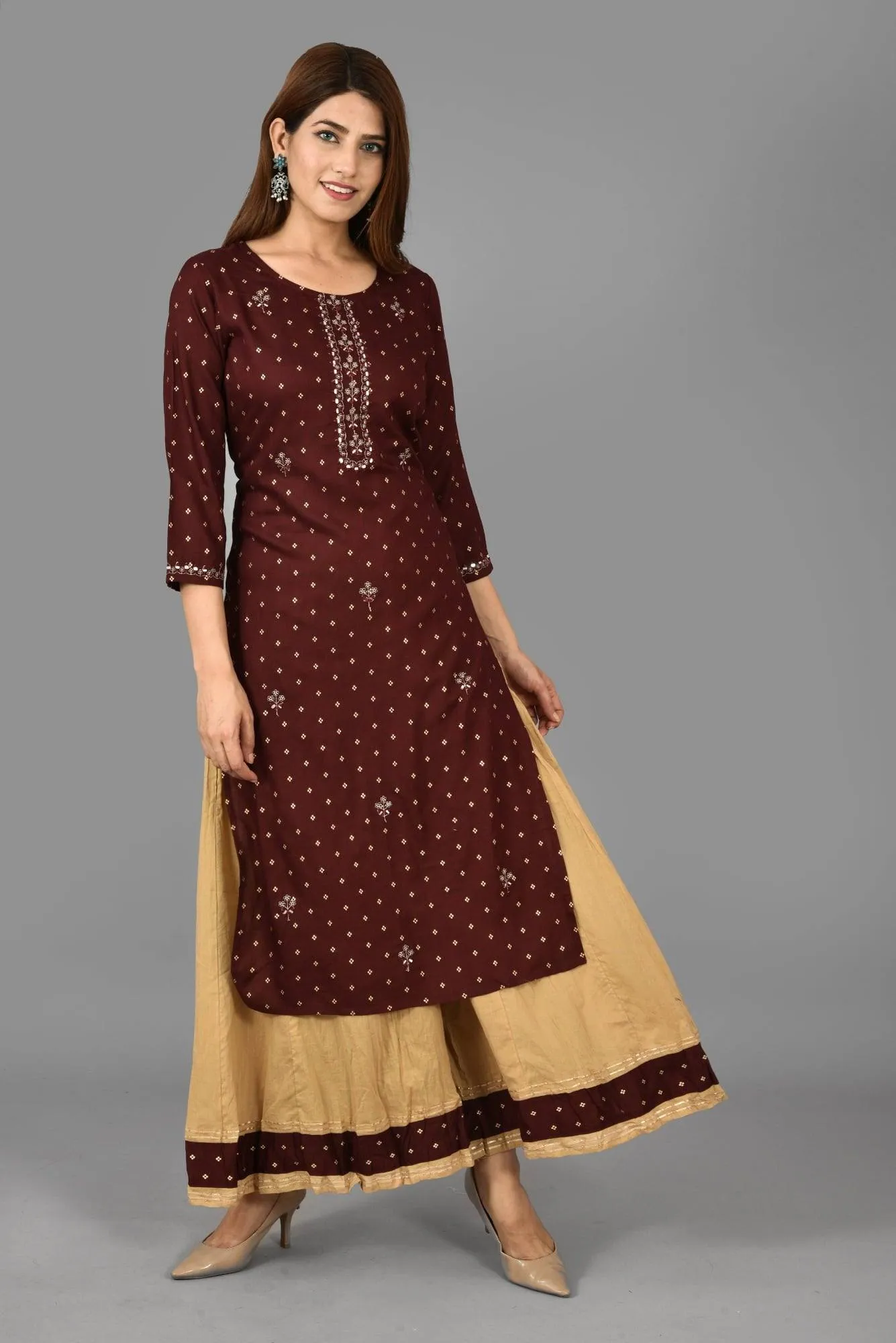 Rayon Maroon Gold Print & Embroidered Sharara Set