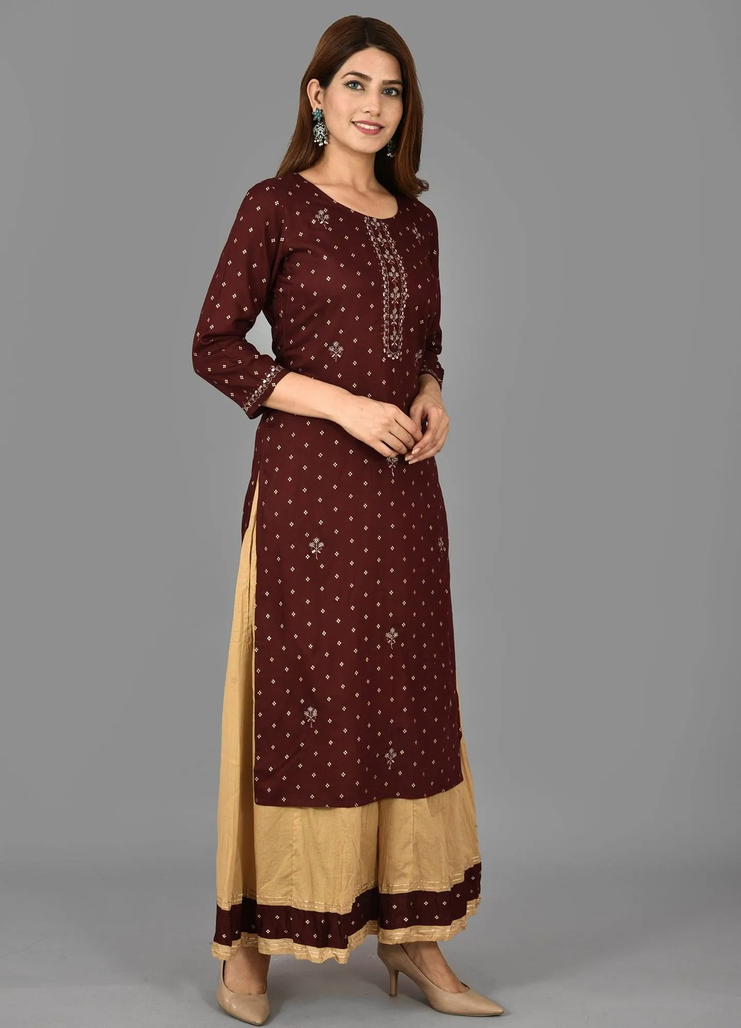 Rayon Maroon Gold Print & Embroidered Sharara Set