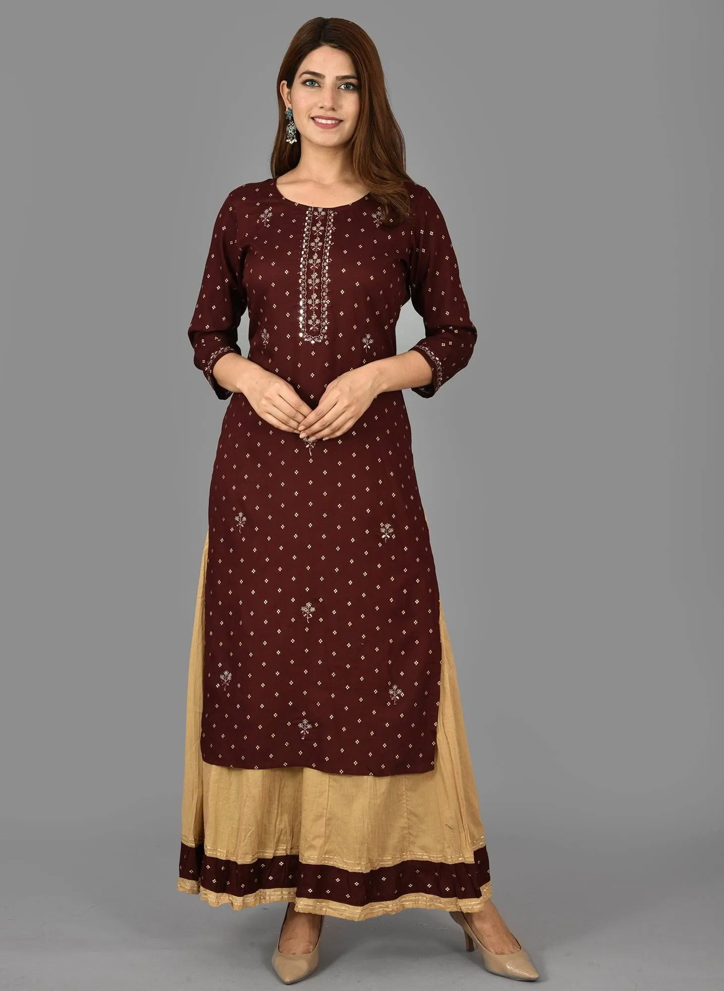 Rayon Maroon Gold Print & Embroidered Sharara Set