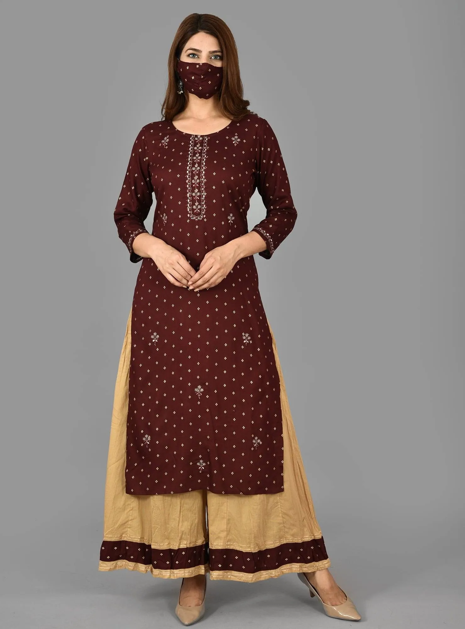 Rayon Maroon Gold Print & Embroidered Sharara Set