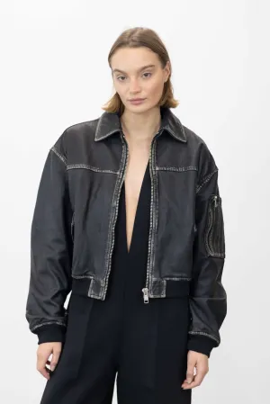 ROCKER LEATHER BOMBER IN VINTAGE BLACK