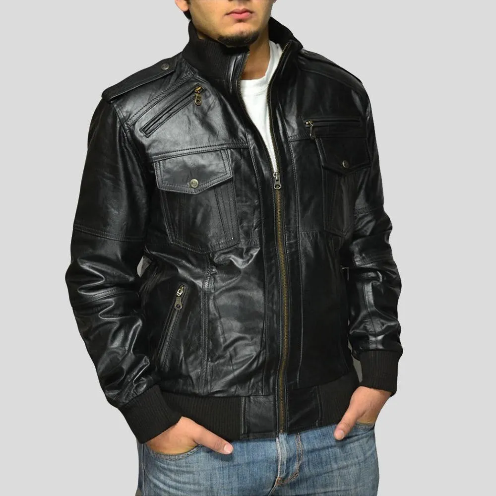 Sang Black Bomber Leather Jacket for Men