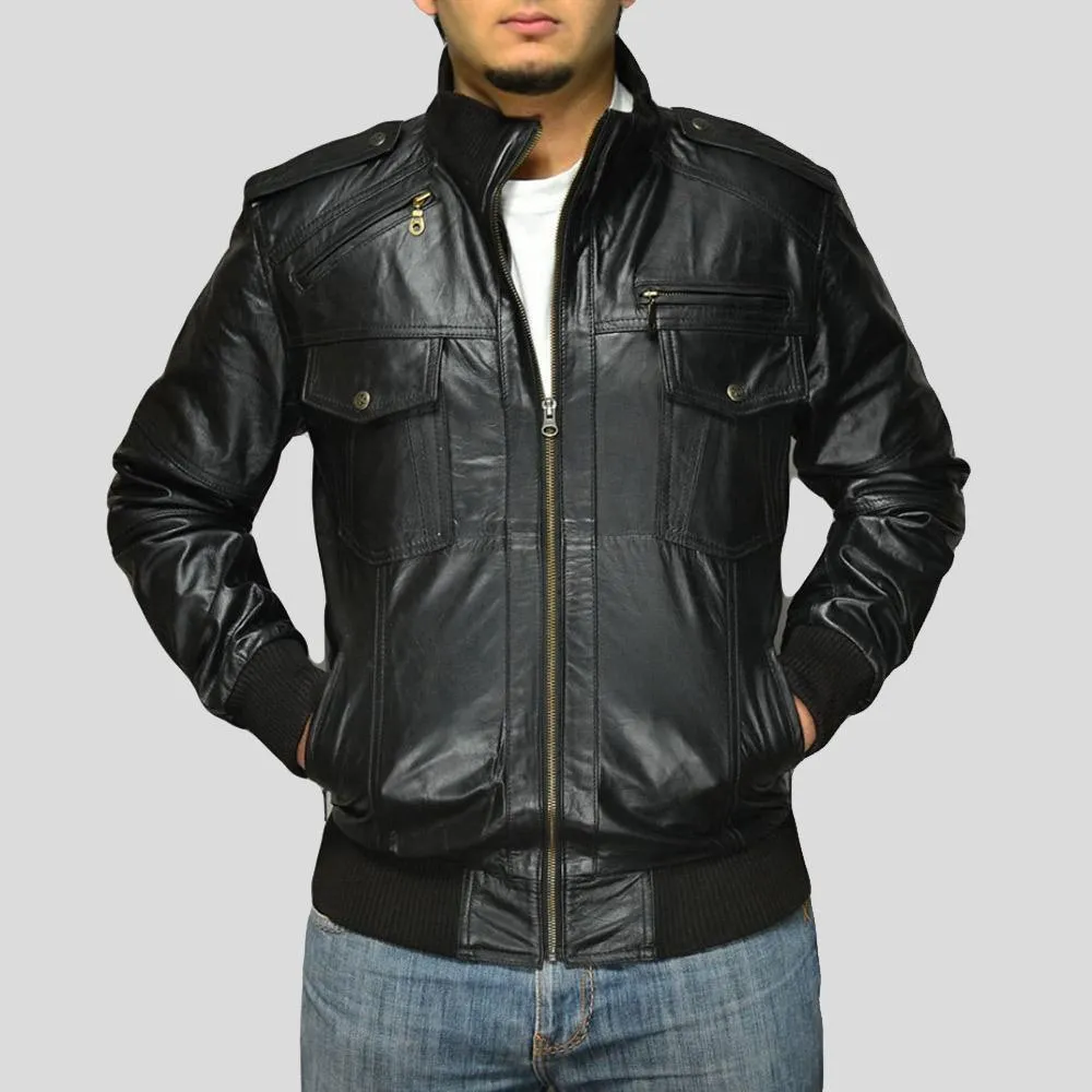 Sang Black Bomber Leather Jacket for Men