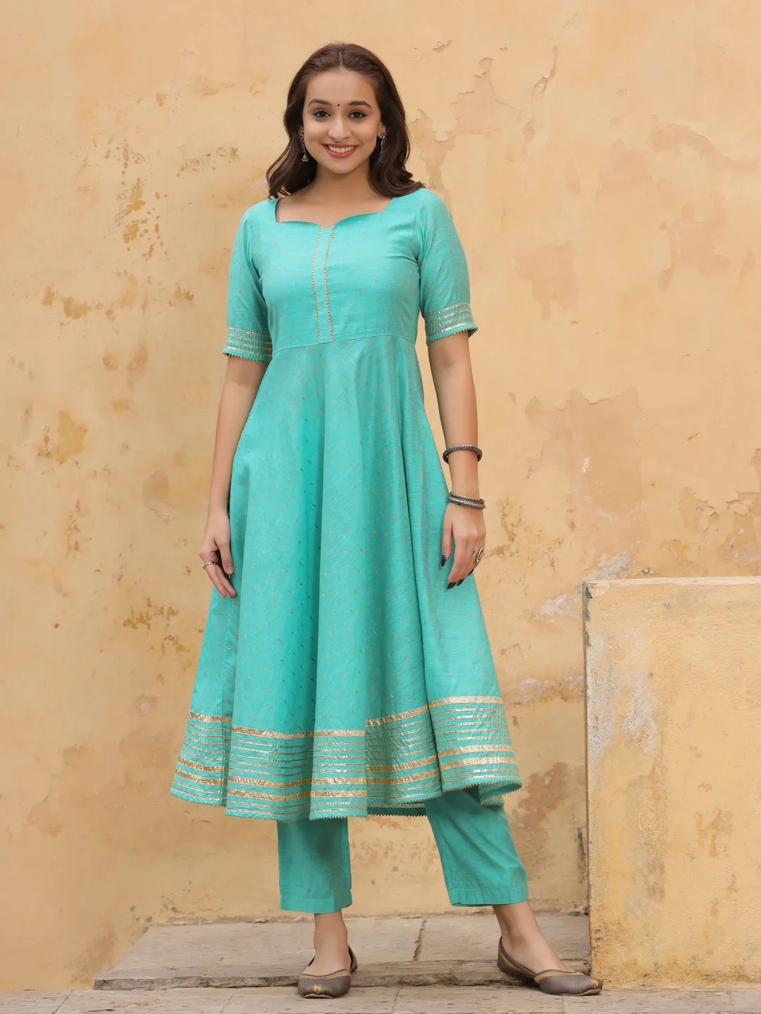 Sea Green Self Weave Chanderi Flared Kurta With Pants And Dupatta