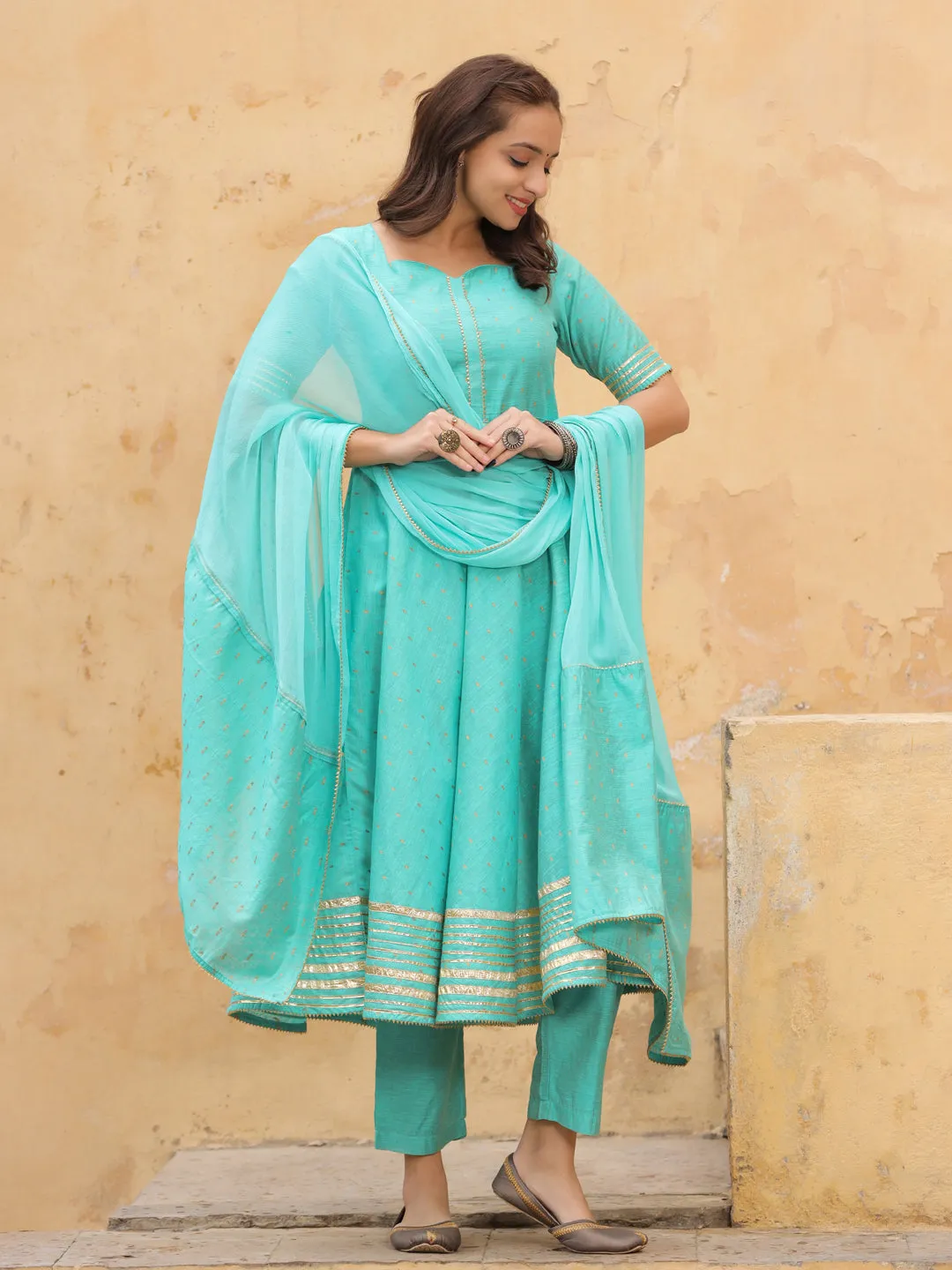 Sea Green Self Weave Chanderi Flared Kurta With Pants And Dupatta