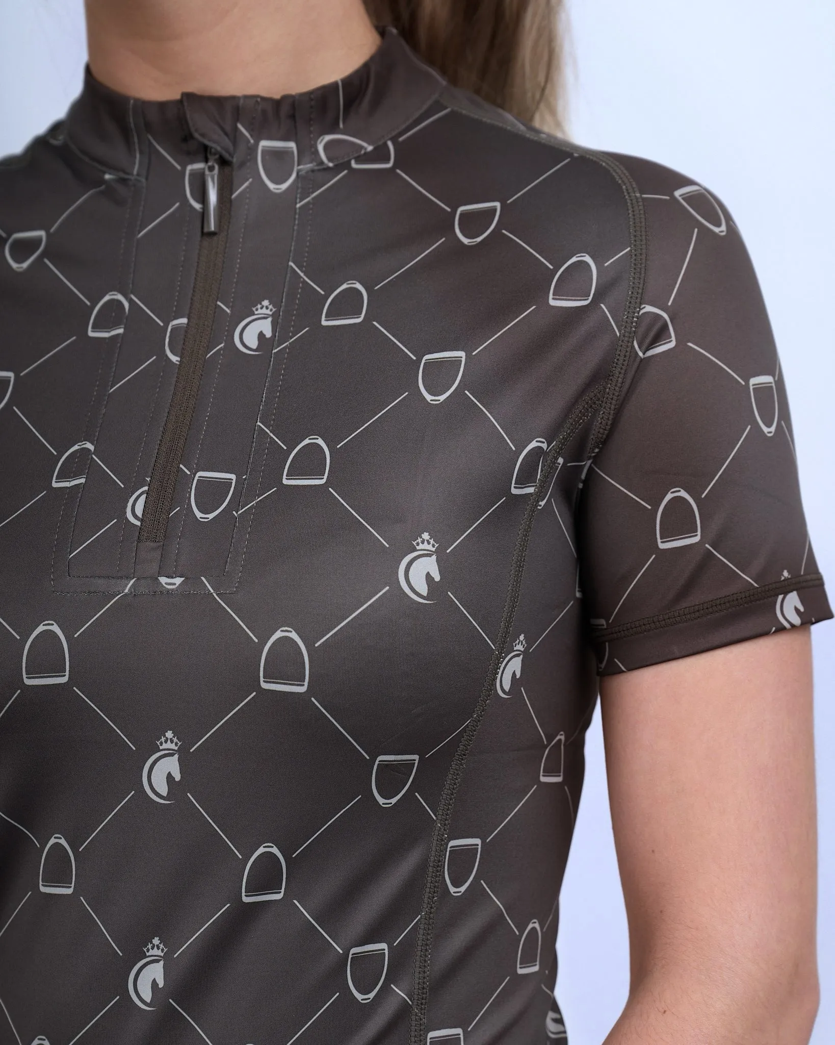 Short Sleeve Stirrup Print Equestrian Technical Base Layer - ESPRESSO