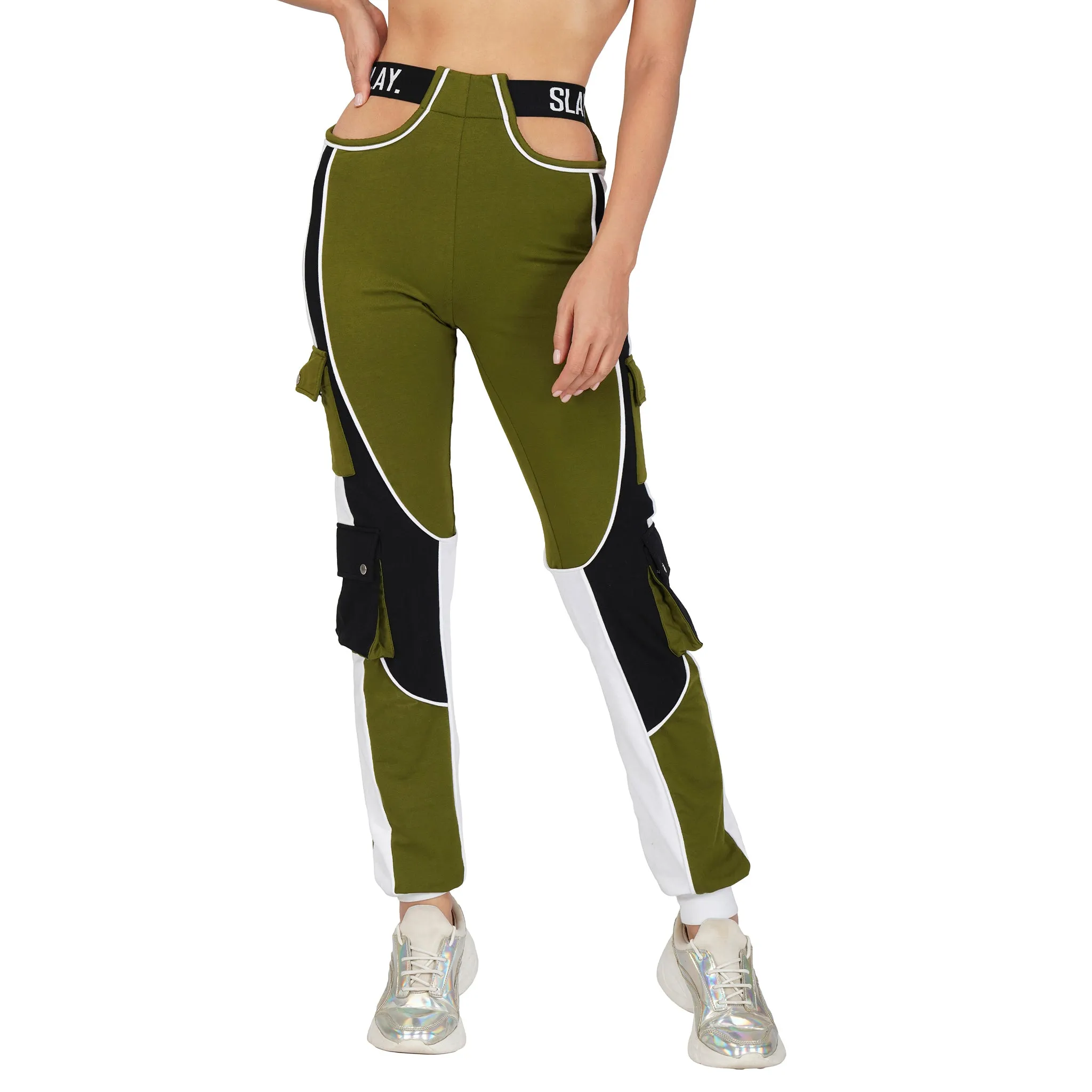 SLAY. Women's Activewear Tracksuit Olive Colorblock Crop Jacket &  High Waist Cargo Pants Co-ord Set