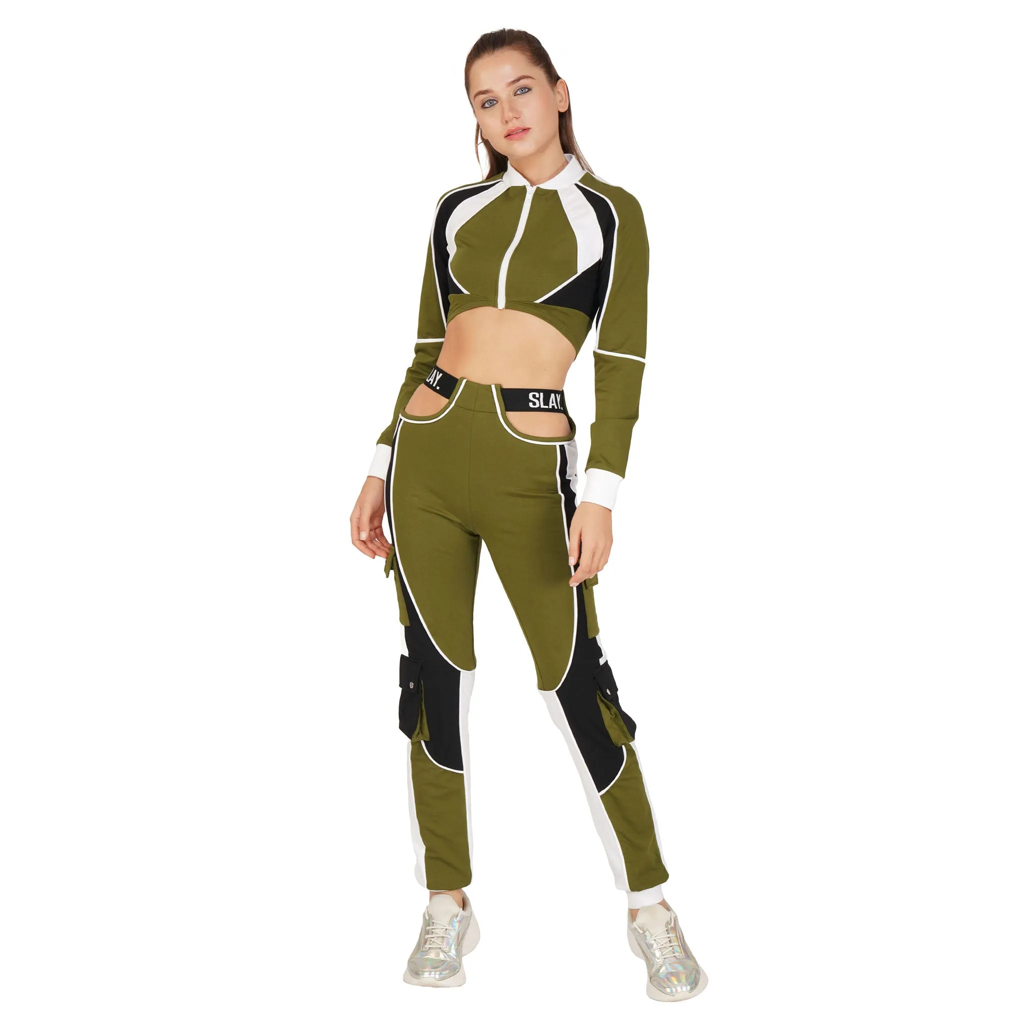SLAY. Women's Activewear Tracksuit Olive Colorblock Crop Jacket &  High Waist Cargo Pants Co-ord Set