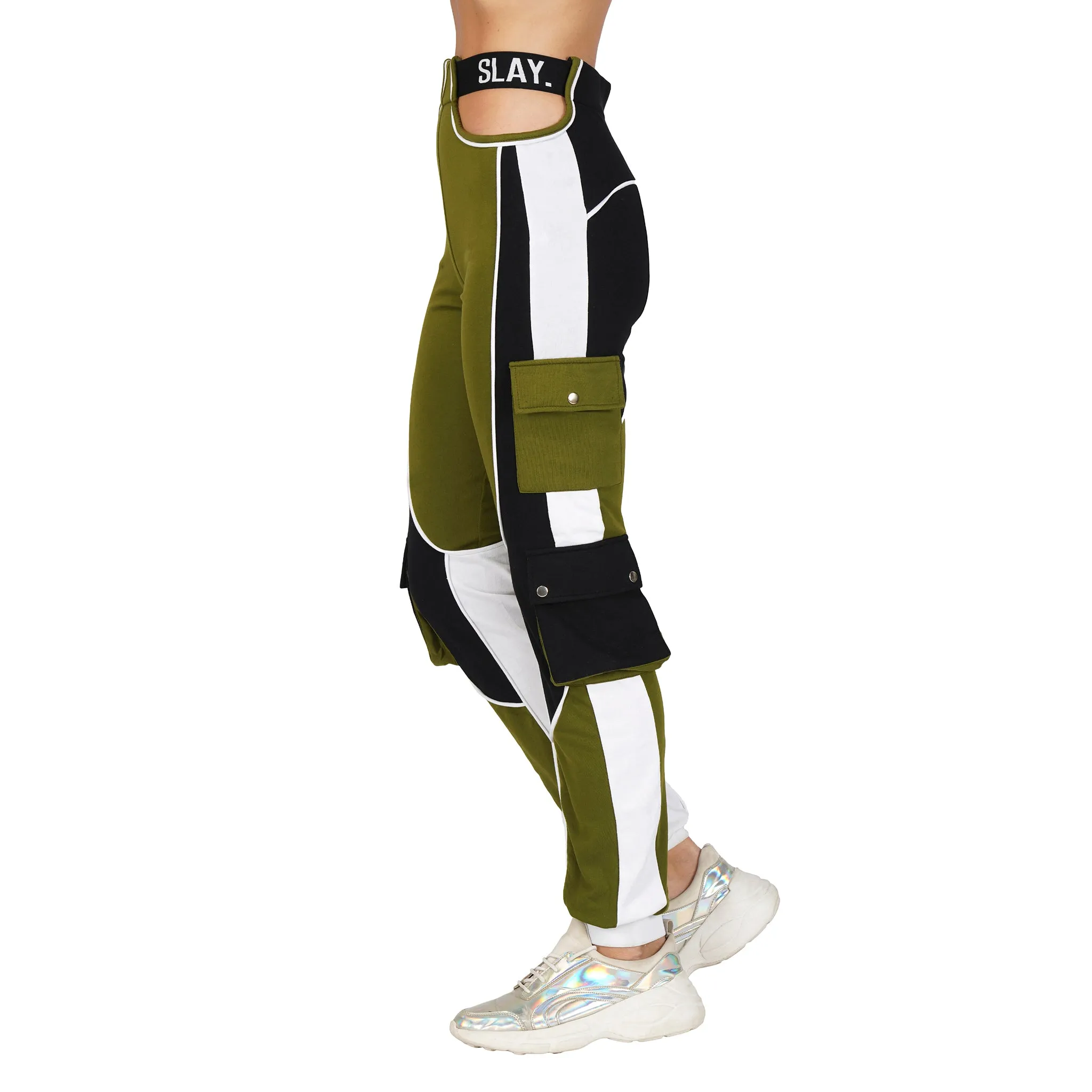 SLAY. Women's Activewear Tracksuit Olive Colorblock Crop Jacket &  High Waist Cargo Pants Co-ord Set