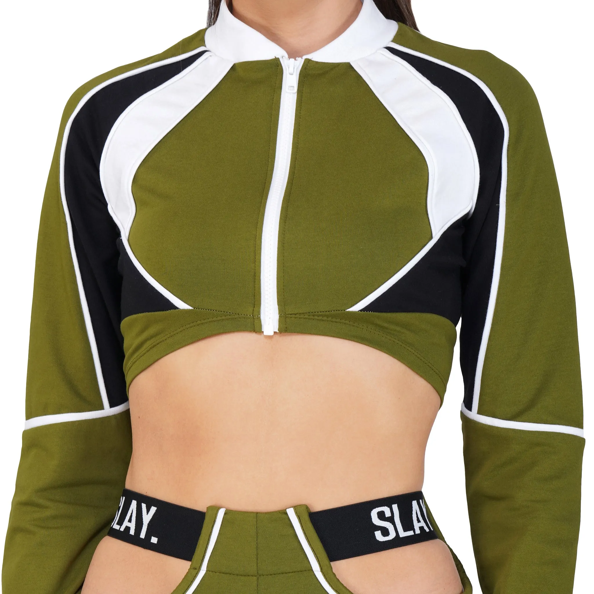 SLAY. Women's Activewear Tracksuit Olive Colorblock Crop Jacket &  High Waist Cargo Pants Co-ord Set