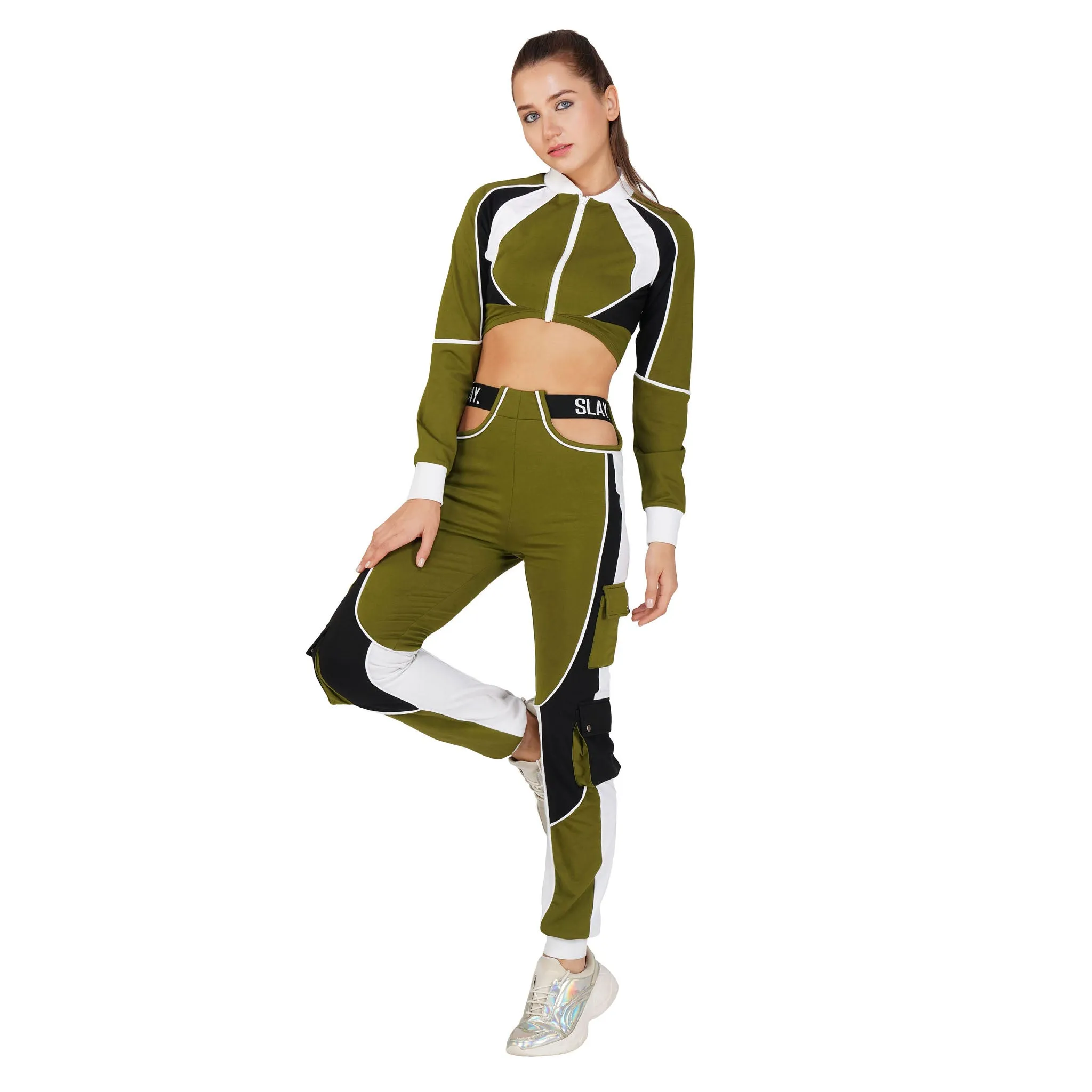 SLAY. Women's Activewear Tracksuit Olive Colorblock Crop Jacket &  High Waist Cargo Pants Co-ord Set