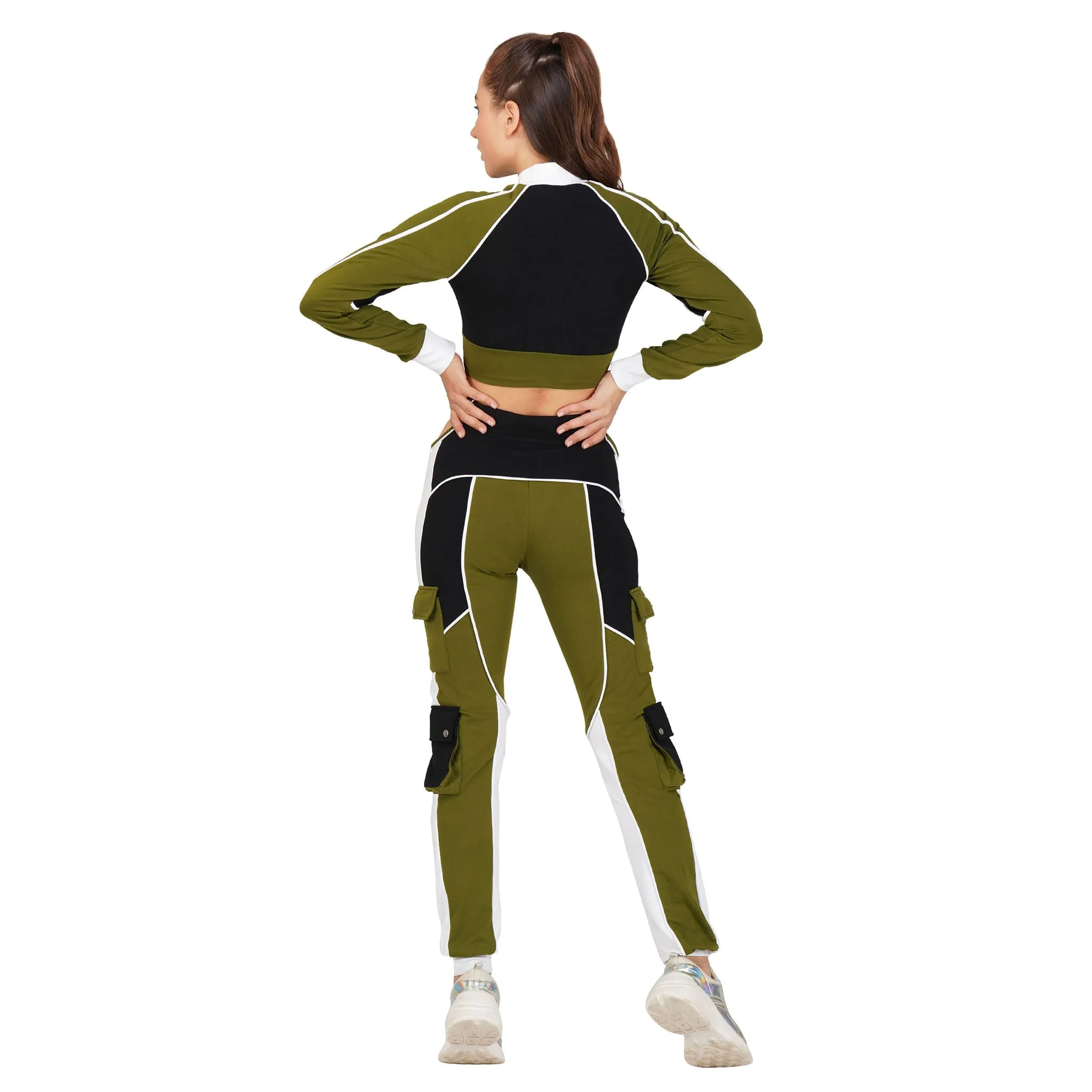 SLAY. Women's Activewear Tracksuit Olive Colorblock Crop Jacket &  High Waist Cargo Pants Co-ord Set