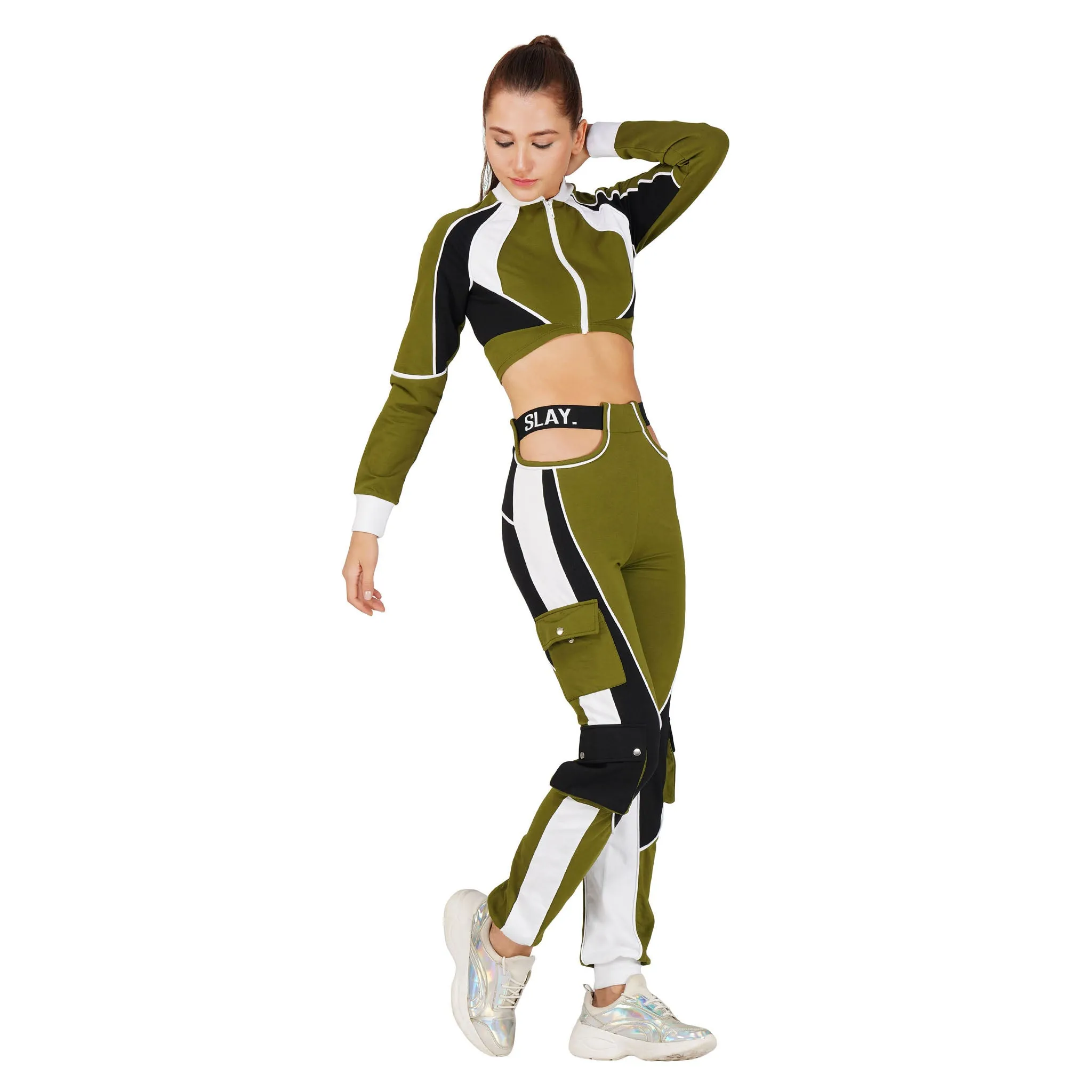 SLAY. Women's Activewear Tracksuit Olive Colorblock Crop Jacket &  High Waist Cargo Pants Co-ord Set